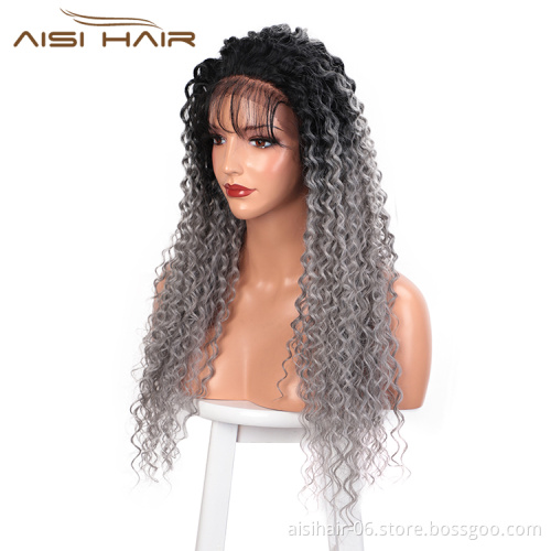 Aisi Hair Long Wavy Ombre Gray Dark Root Wig 13x6 Kinky Curly Wave Lace Frontal Wig Cosplay Front Lace Hair Wigs For Black Women